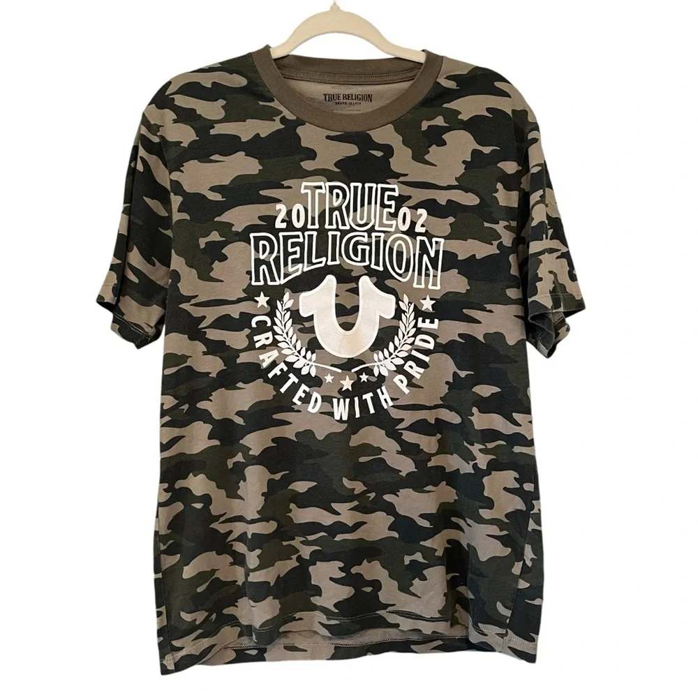 True Religion Mens Graphic Tee Camo Print White Logo Crew Neck, Sz XL